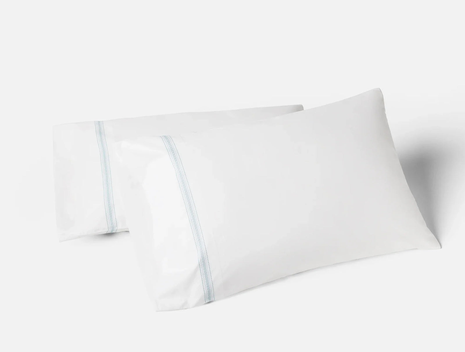 Coyuchi Pillowcase Set - King Alpine White w Pacific Blue Landscape Embroidered Organic Percale Sheet Set