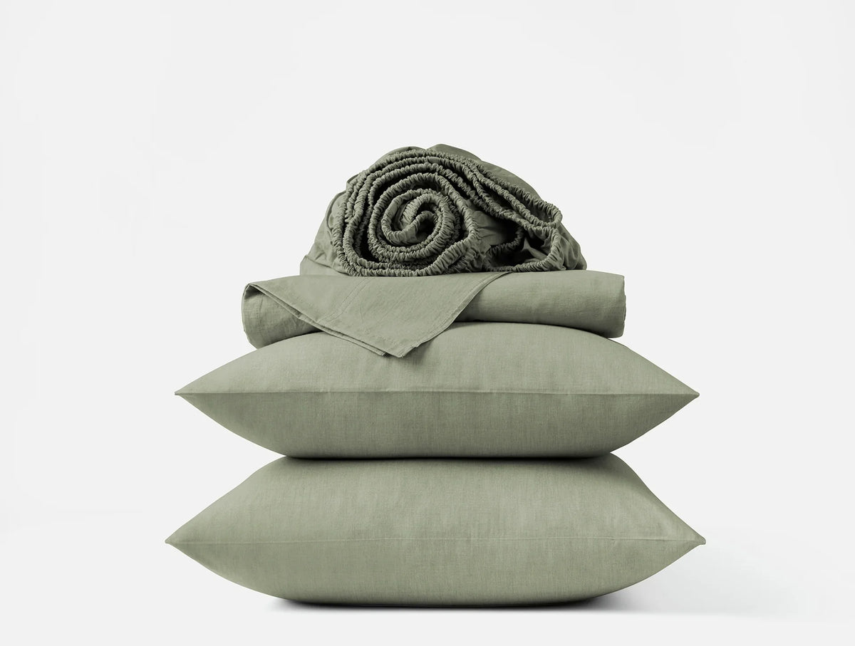 Coyuchi Olive Chambray Organic Crinkled Percale Sheet Set