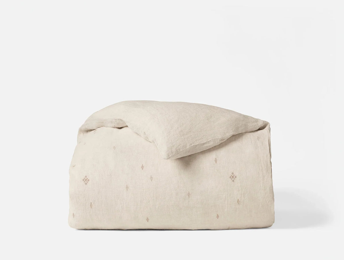 Coyuchi Full Queen Natural Chambray w Multi Cambria Embroidered Organic Linen Duvet Cover