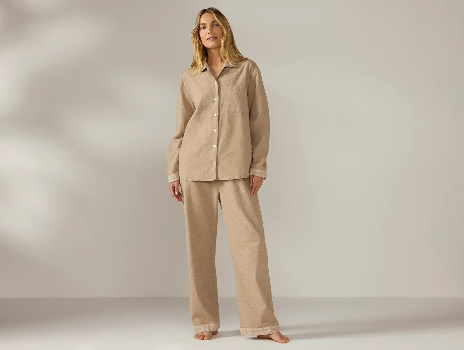 Coyuchi Camel Heather Women's Cloud Brushed Organic Flannel Pajama Set