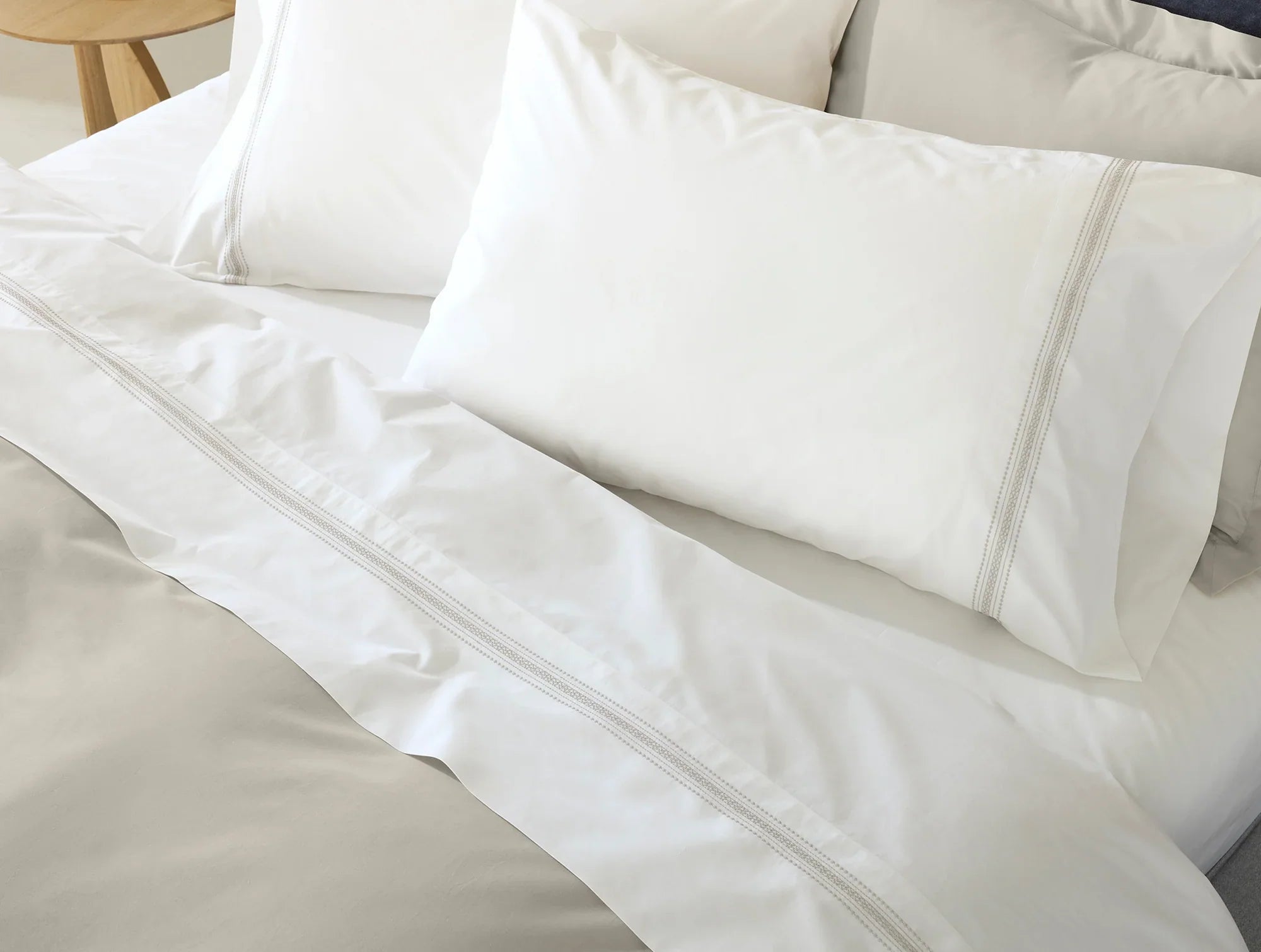 Coyuchi Pillowcase Set - Standard Queen Alpine White w Stone Landscape Embroidered Organic Percale Sheet Set