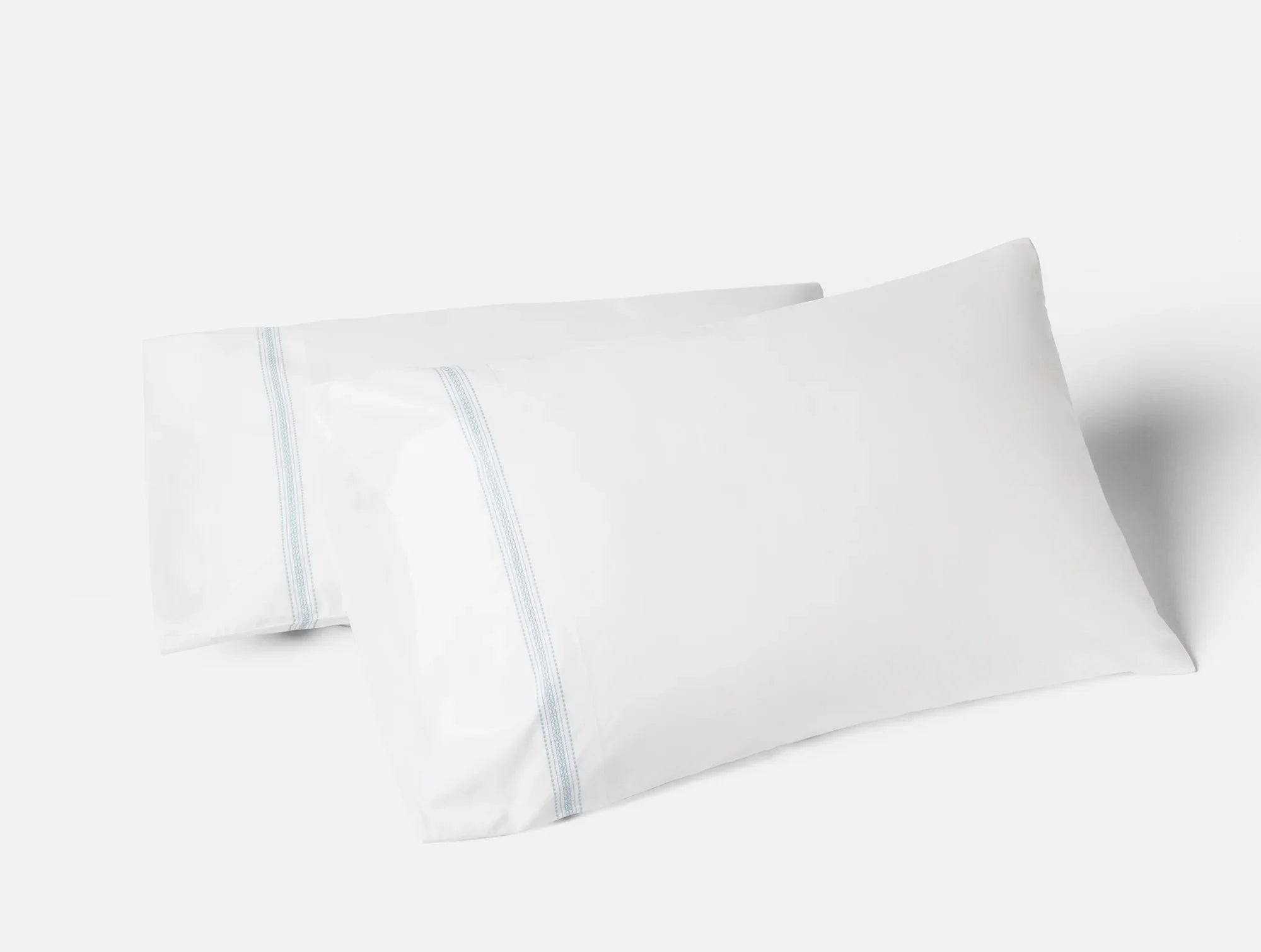 Coyuchi Pillowcase Set - King Alpine White w Pacific Blue Landscape Embroidered Organic Percale Sheet Set