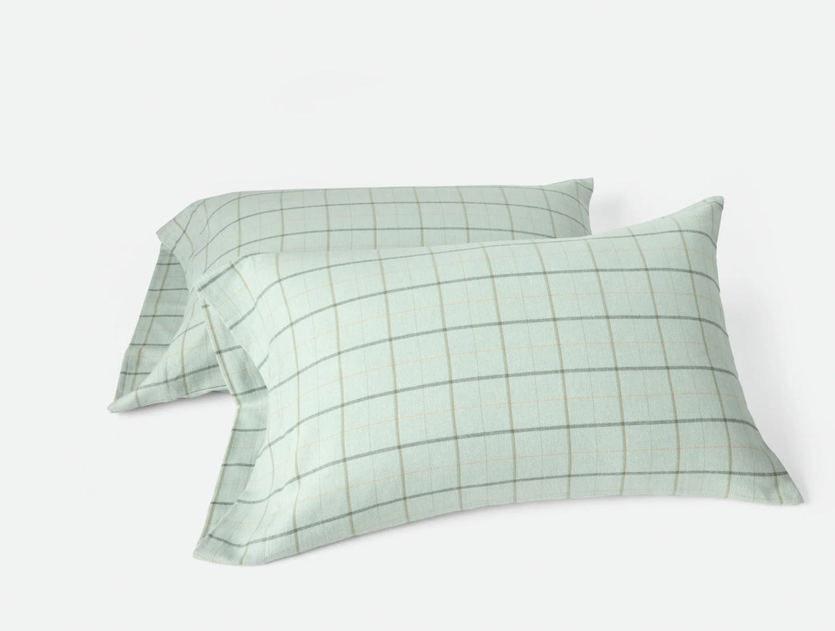 Coyuchi Pillowcase- King Seafoam Windowpane Cloud Brushed Organic Flannel Sheet Set