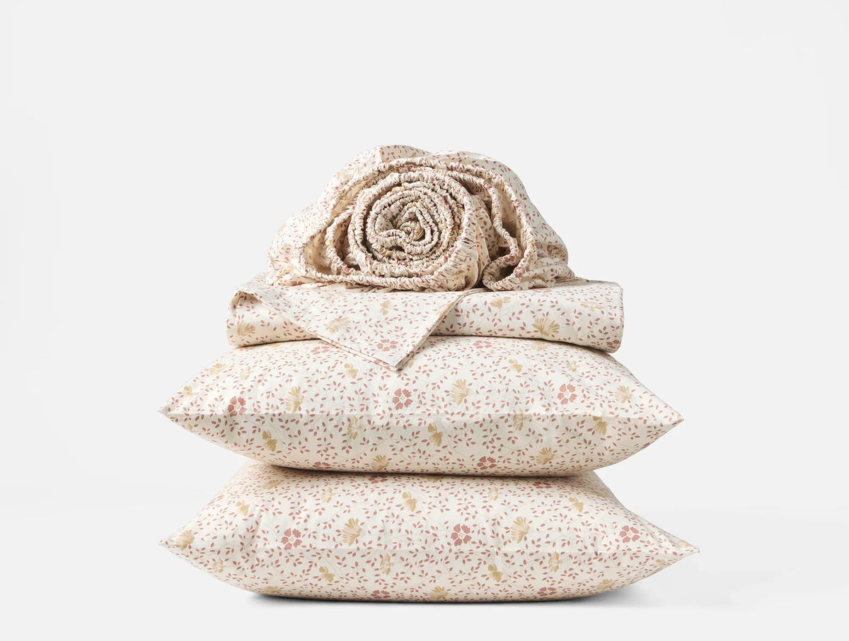 Coyuchi Twin Praline Meadow Organic Print Percale Sheet Set