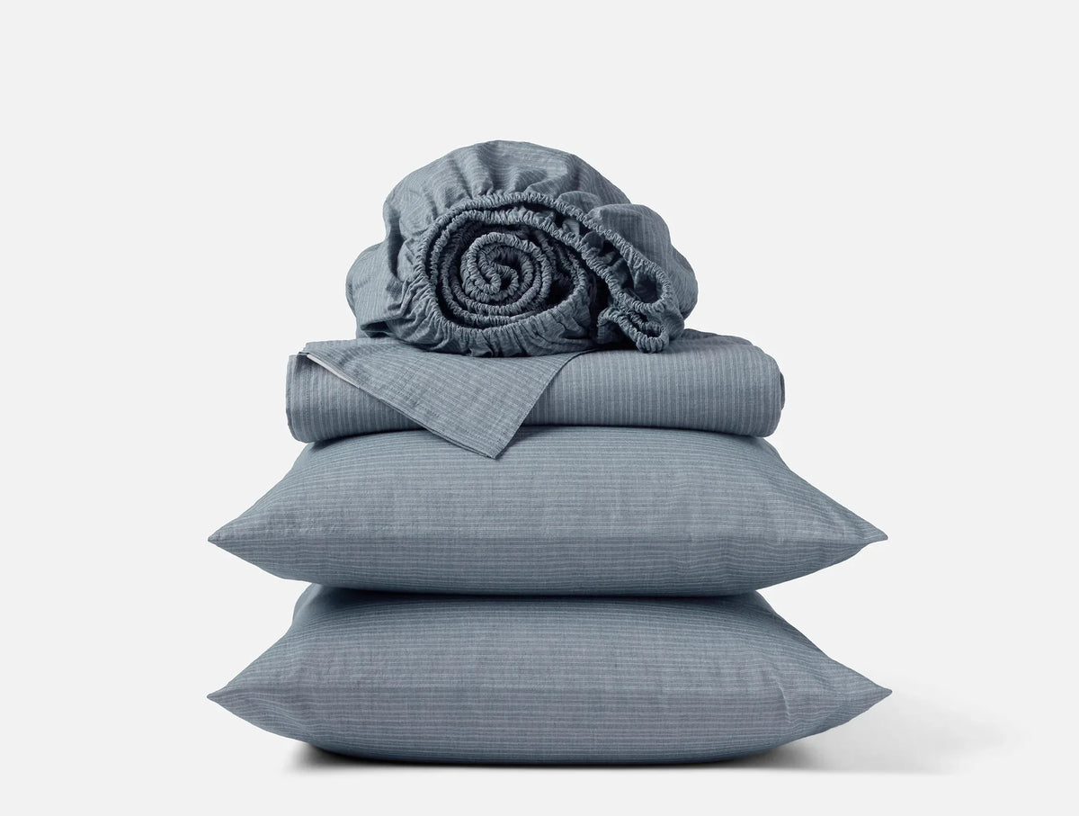 Coyuchi Indigo Chambray Stripe Organic Crinkled Percale Sheet Set