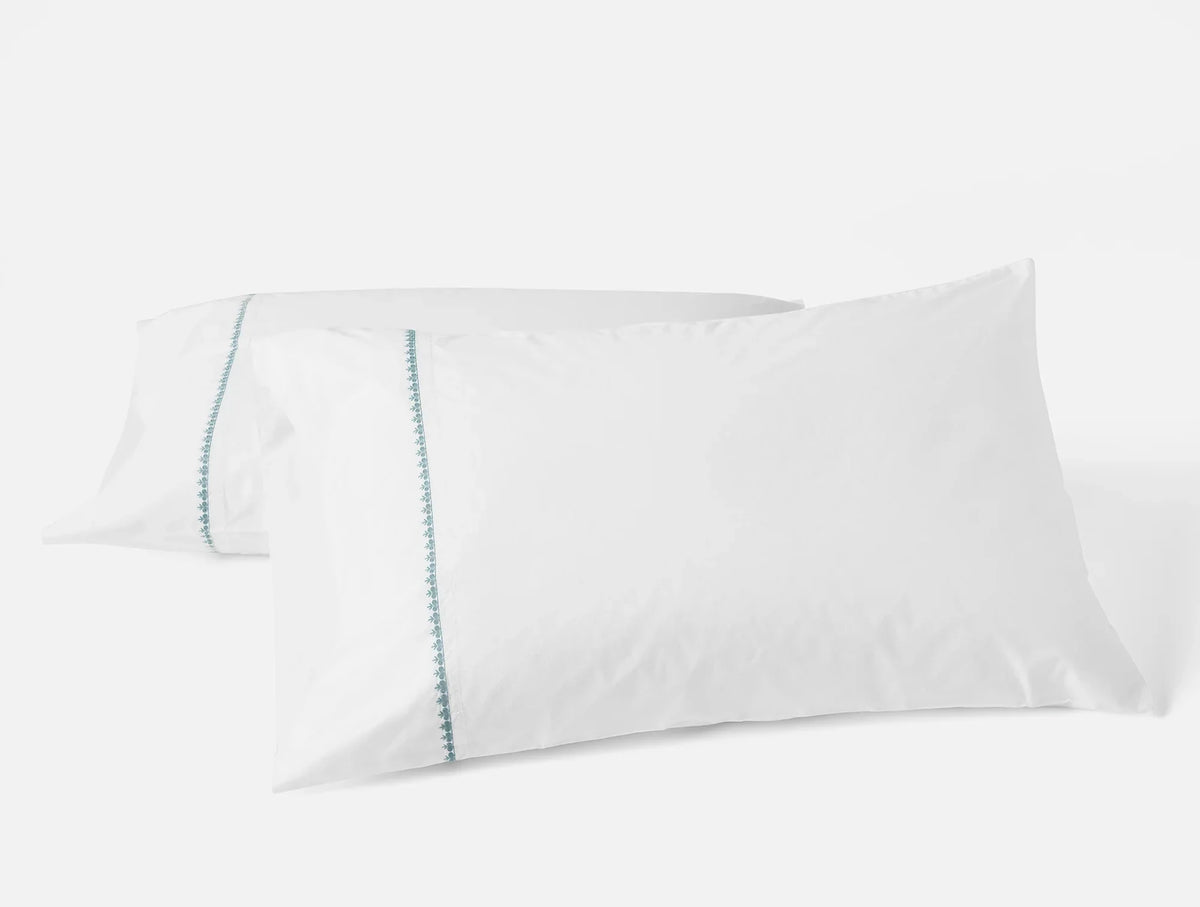Coyuchi Pillowcase Set - Standard Queen Alpine White w Pacific Blue Floret Embroidered Organic Percale Sheet Set