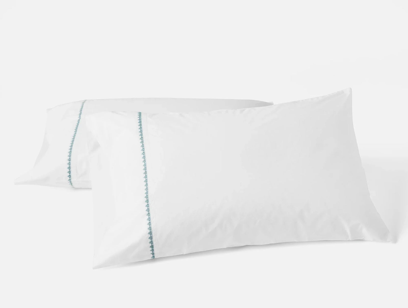 Coyuchi Pillowcase Set - Standard Queen Alpine White w Pacific Blue Floret Embroidered Organic Percale Sheet Set