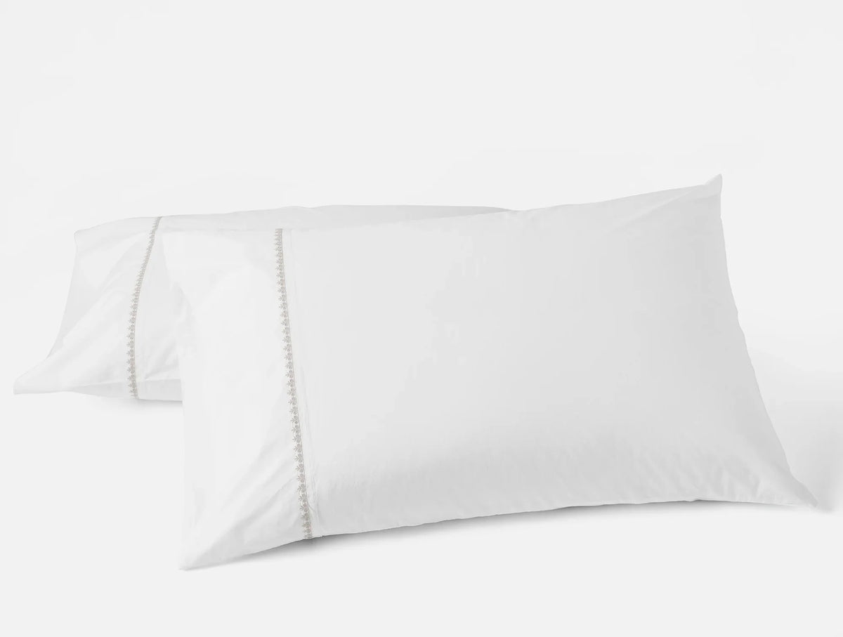 Coyuchi Pillowcase Set - Standard Queen Alpine White w Stone Floret Embroidered Organic Percale Sheet Set