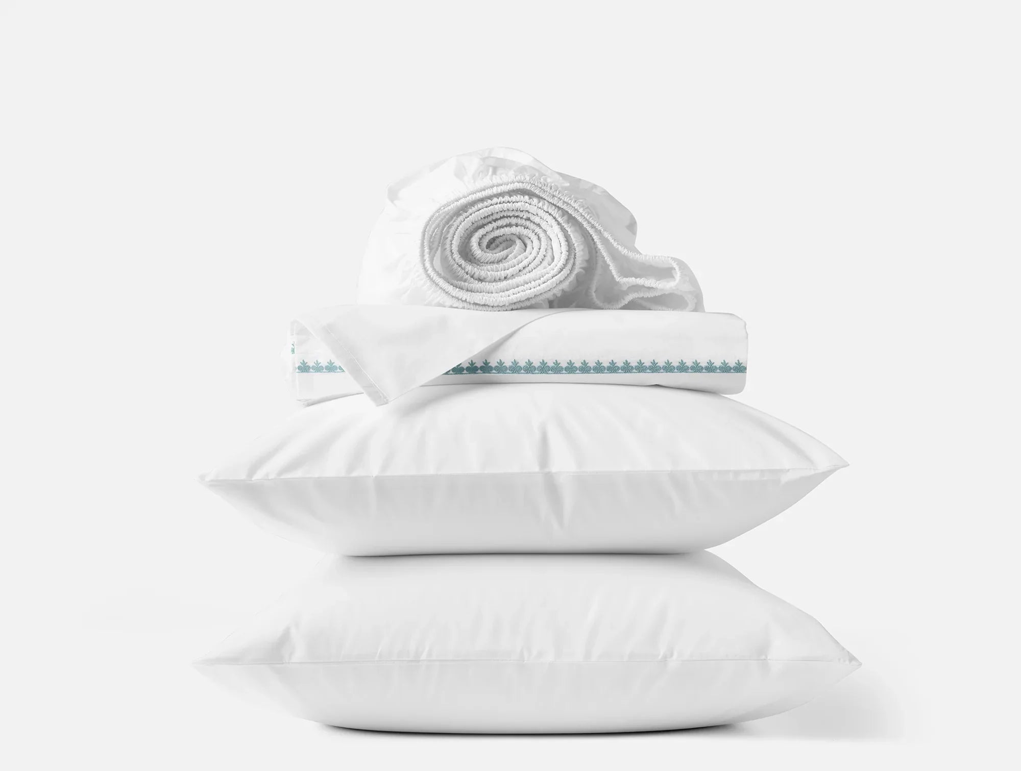Coyuchi Full Alpine White w Pacific Blue Floret Embroidered Organic Percale Sheet Set