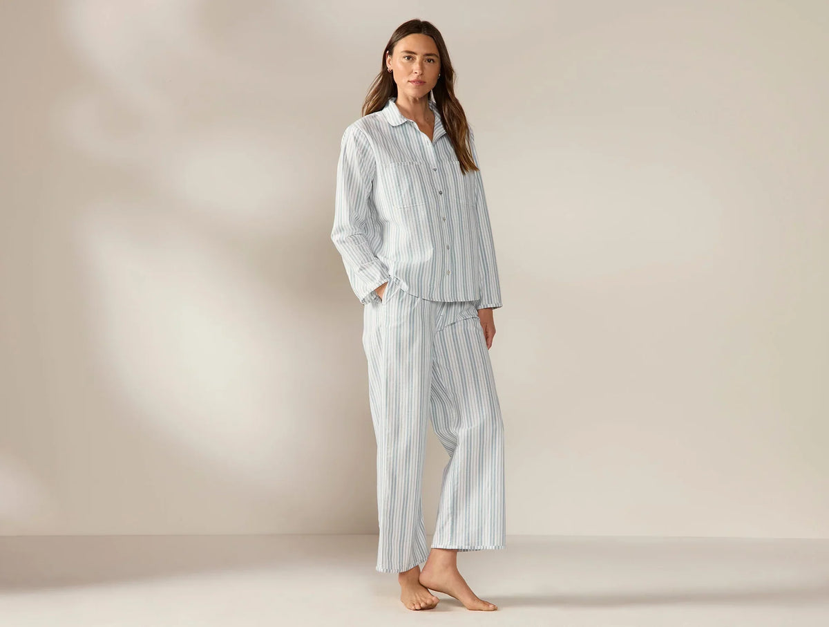Coyuchi Medium Pacific Blue Stripe Women's Isla Organic Cotton Long Sleeve Pajama Set
