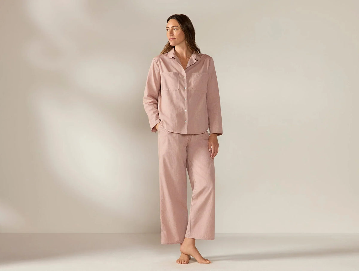 Coyuchi Large Praline Chambray Women's Isla Organic Cotton Long Sleeve Pajama Set