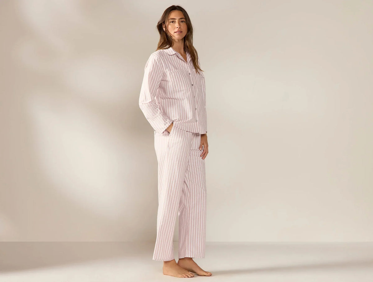 Coyuchi Large Praline Stripe Women's Isla Organic Cotton Long Sleeve Pajama Set