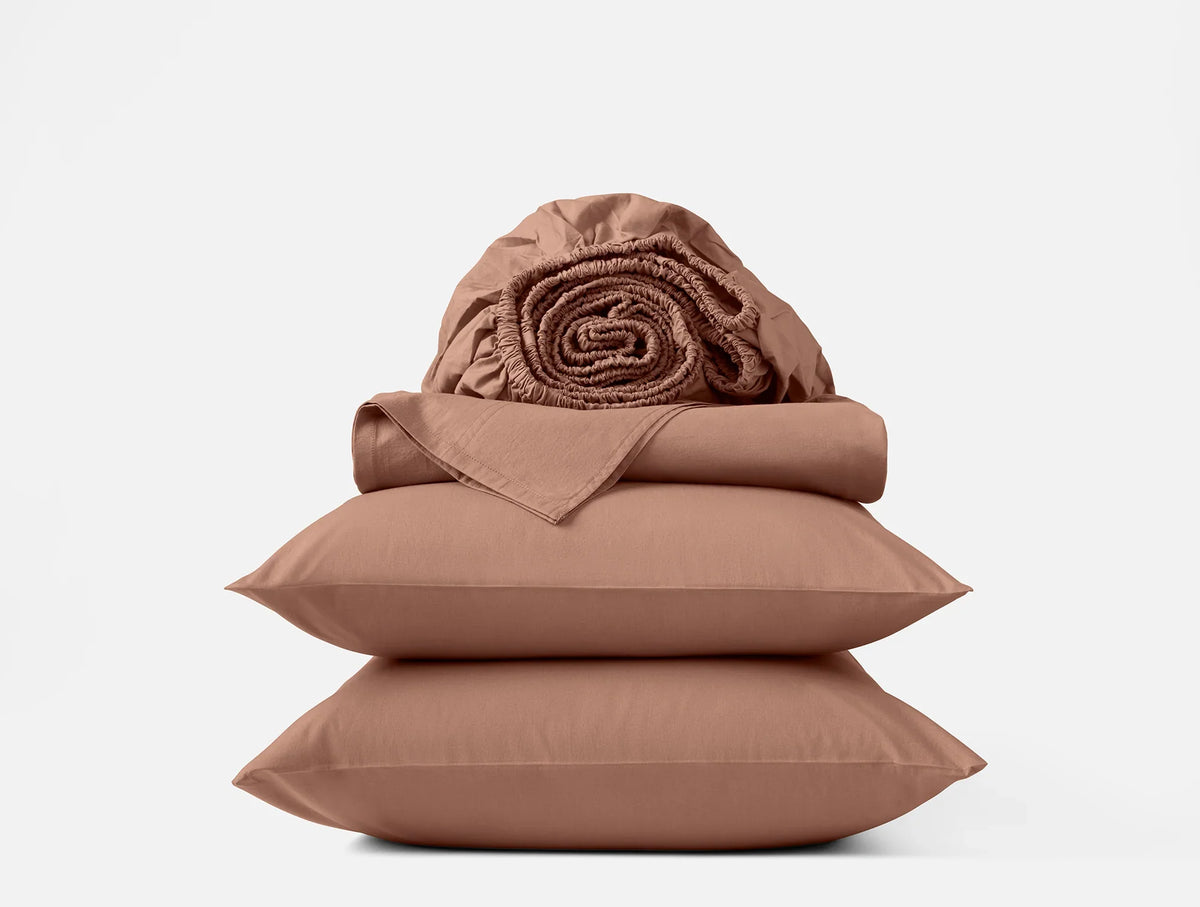 Coyuchi California King Praline Solid Organic Crinkled Percale Sheet Set