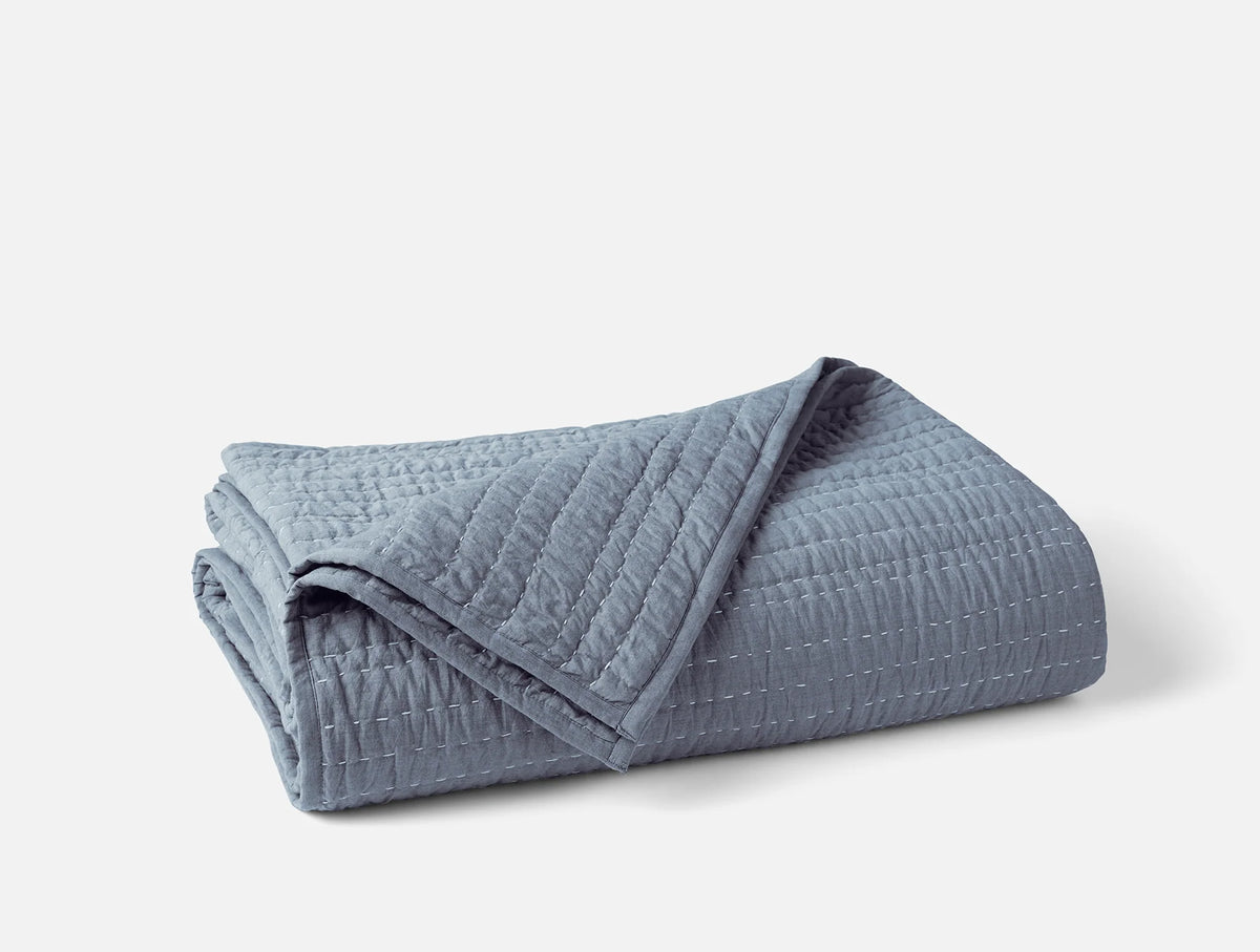 Coyuchi Full Queen Indigo Chambray Channel Handstitched Organic Quilt