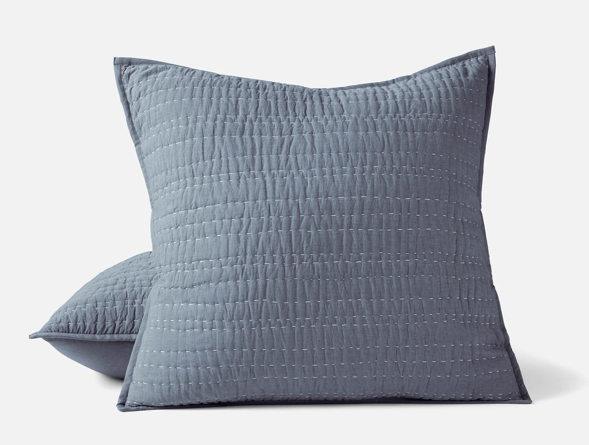 Coyuchi Sham - Euro Indigo Chambray Channel Handstitched Organic Quilt