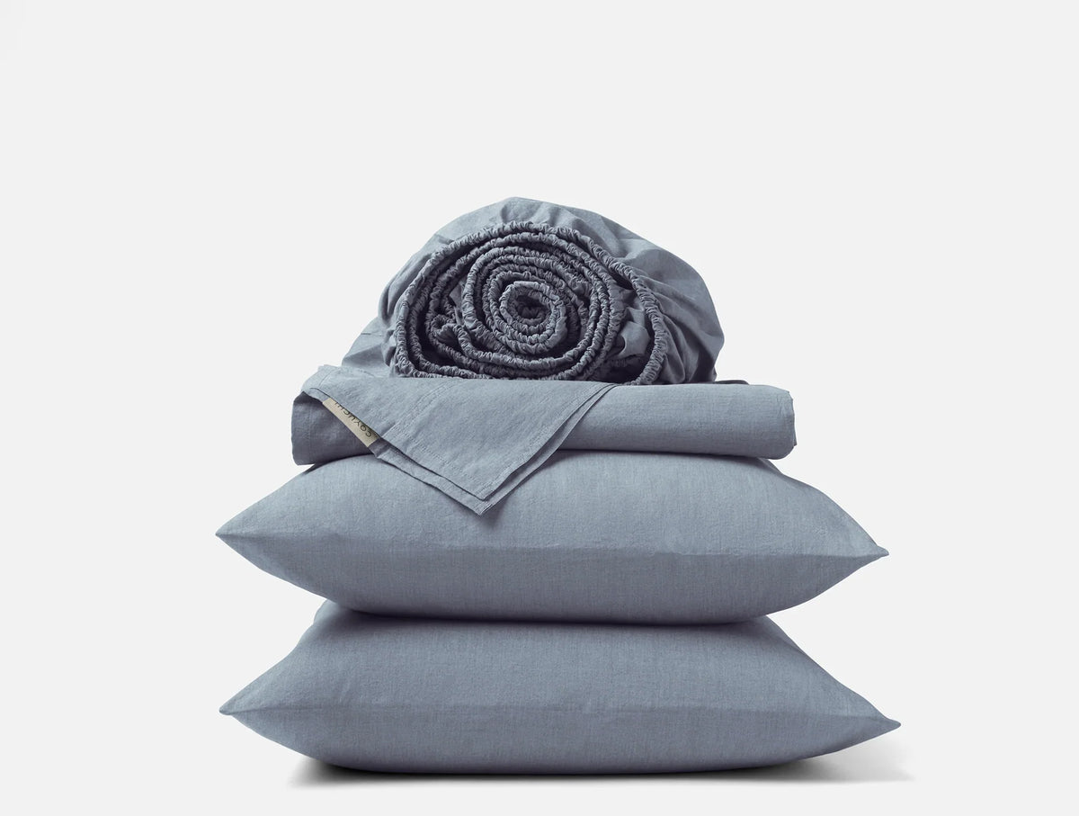 Coyuchi California King Indigo Chambray Organic Crinkled Percale Sheet Set
