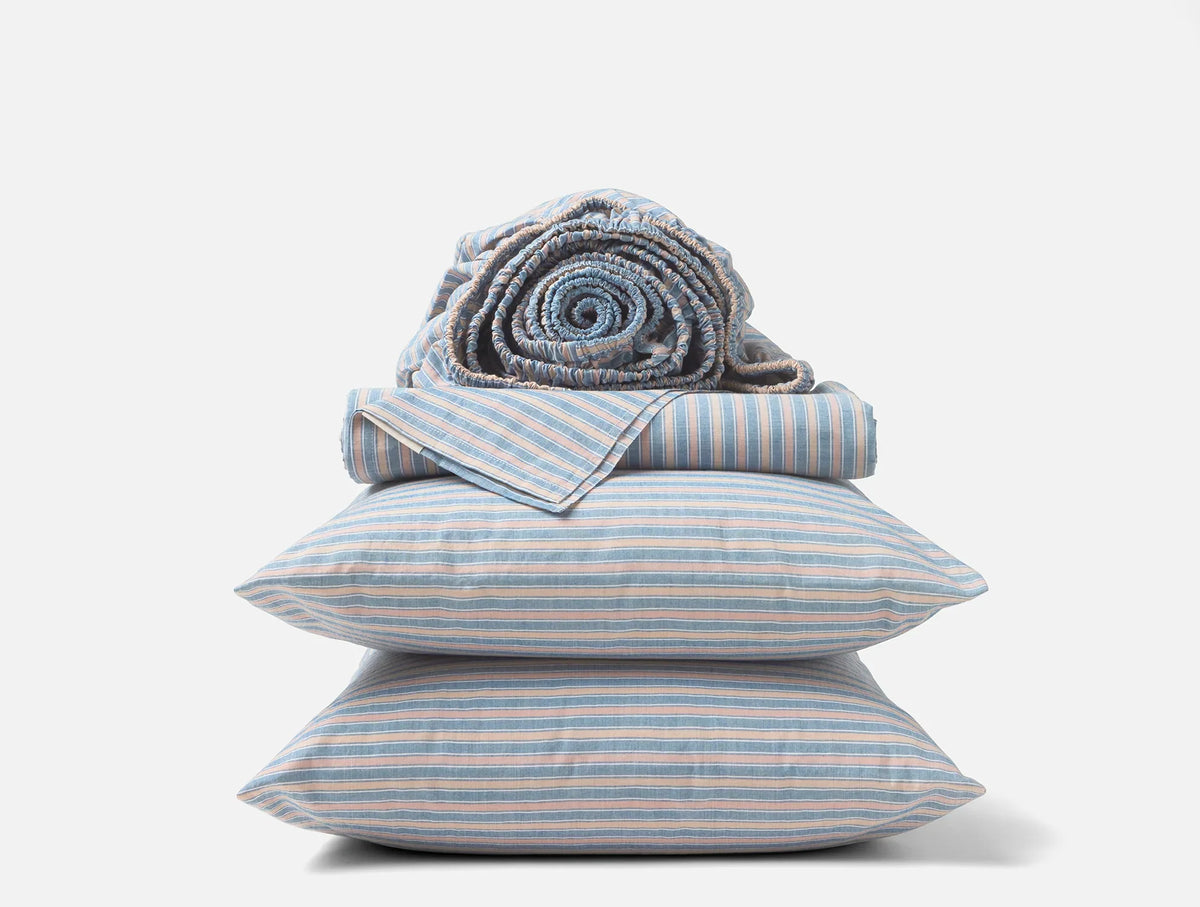 Coyuchi Twin Indigo Stripe Organic Crinkled Percale Sheet Set