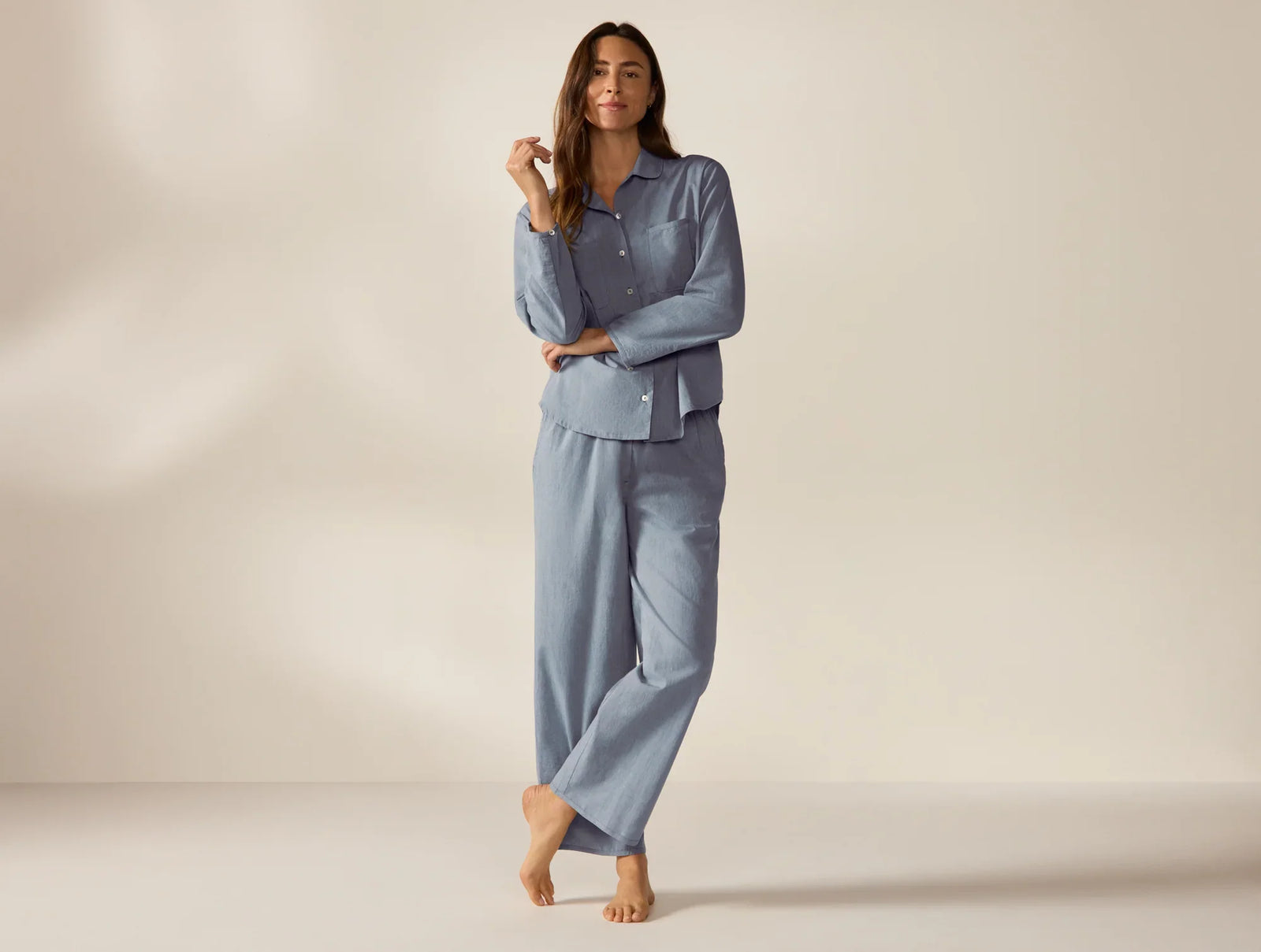 Coyuchi Small Indigo Chambray Women's Isla Organic Cotton Long Sleeve Pajama Set