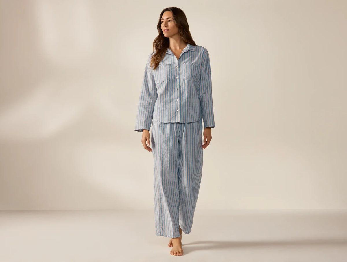 Coyuchi Small Indigo Stripe Women's Isla Organic Cotton Long Sleeve Pajama Set